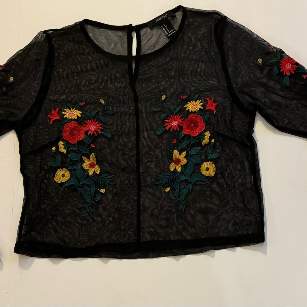 Forever 21 Women's Small Mesh Crop Top Black Embroidered Floral Design